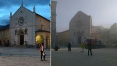صورة لكنيسة بلدة نورجيا قبل وبعد دمارها- تويتر