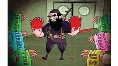 كاريكاتير إيراني يتهم دول السعودية وتركيا بدعم تنظيم الدولة - معرض في كردستان العراق