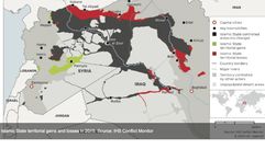 خريطة المناطق التي فقدها تنظيم الدولة خلال عام 2015 (باللون الأحمر)