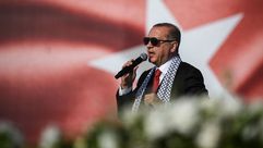 أردوغان خلال كلمته في مهرجان مناهض لجرائم الاحتلال بغزة في إسطنبول- جيتي