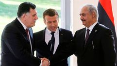 ليبيا - لقاء اللواء حليفة حفتر - رئيس حكومة الوفاق فائز السراج - الرئيس الفرنسي مانويل ماكرون -أ ف ب