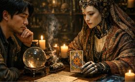20260418_2117_Robot Fortune Teller with Man_simple_compose_01kpgwydtqf26se28f94h8xh2n