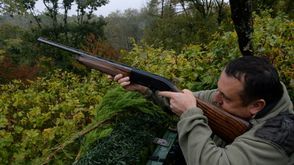 صياد يوجه بندقيته إلى طير حمام في غابة قرب رومانييه في فرنسا في 18 تشرين الأول/أكتوبر 2015