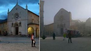 صورة لكنيسة بلدة نورجيا قبل وبعد دمارها- تويتر