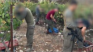 صورة نشرتها وسائل إعلام عبرية للجنود الذي شاركوا المستوطنين قطاف العنب وقد تعمدت إخفاء وجوههم