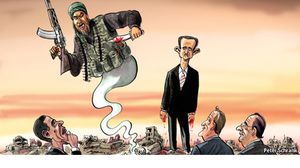 كاريكاتير نشرته مجلة الإيكونوميست الأسبوع الماضي مع تقرير لها عن انتشار المجموعات الجهادية في سورية