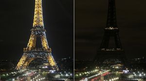 صورتان تظهران برج إيفل الباريسي قبل وبعد إطفاء الأنوار في "ساعة الأرض" - أ ف ب