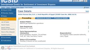 صورة عن سجل القضية المرفوعة من "يونيون فينوسا" ضد مصر - (موقع المركز الدولي لتسوية النزاعات الاستثمارية)