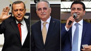 مرشحو الانتخابات الرئاسية التركية دميرطاش (يمين) وإحسان أوغلو (وسط) وأردوغان