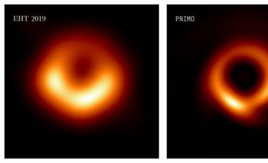 صورتان نشرهما معهد الدراسات المتقدمة (اي ايه اس) تظهران الثقب الأسود "ام 87*" في 2019 (على اليسار) وتلك المقدمة في 13 نيسان/ابريل 2023 (على اليمين)