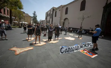 أعضاء من مجموعة "كنارياس سياغوتا" يتظاهرون في تينيريفي بإسبانيا في 13 نيسان/أبريل 2024