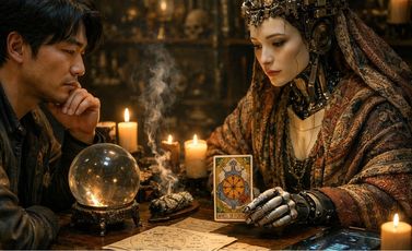 20260418_2117_Robot Fortune Teller with Man_simple_compose_01kpgwydtqf26se28f94h8xh2n