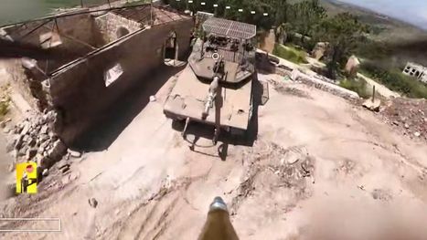 مشاهد مثيرة لتفجير دبابة ميركافاه جنوب لبنان بطائرة مفخخة (شاهد)