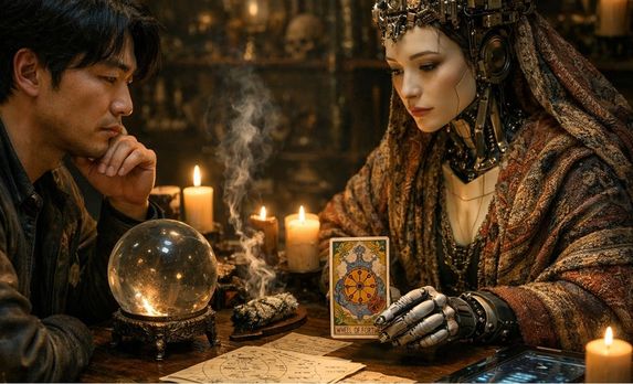 20260418_2117_Robot Fortune Teller with Man_simple_compose_01kpgwydtqf26se28f94h8xh2n